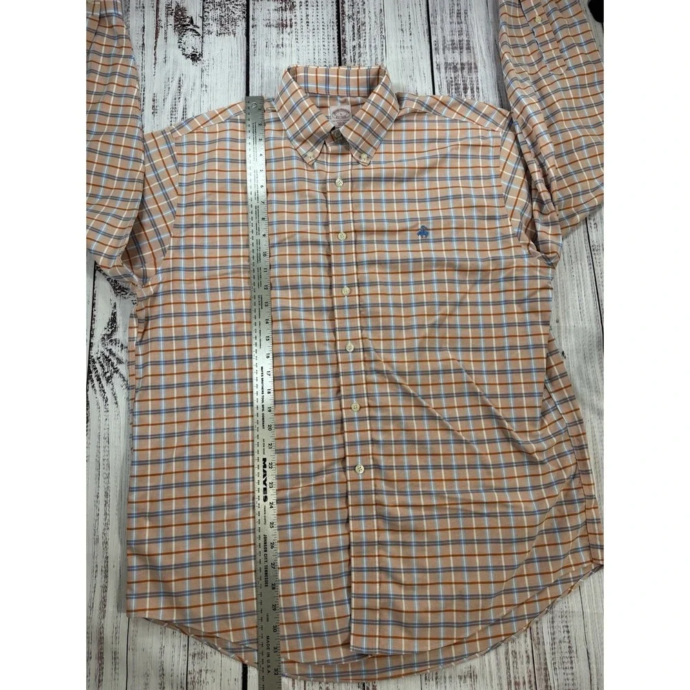 Brooks Brothers Shirt‎ Men's Button Down Striped Plaid Orange Blue Size Large
